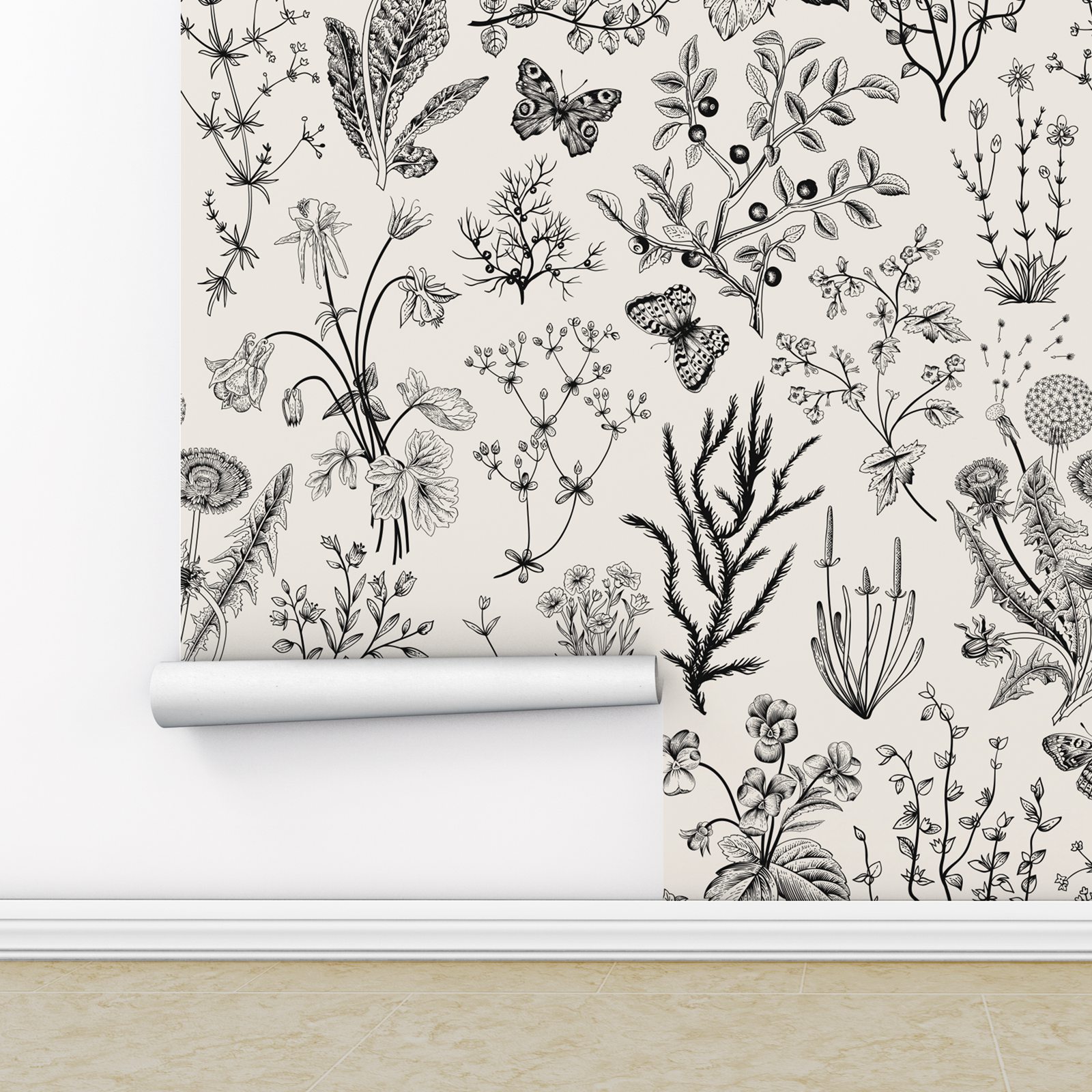 Black and Beige Vintage Herbs  - огляд і ціна Herbal Wallpaper